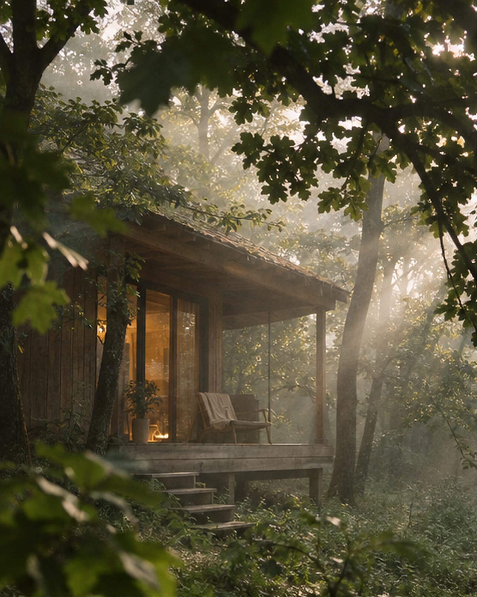 A cabin in the forest at first light